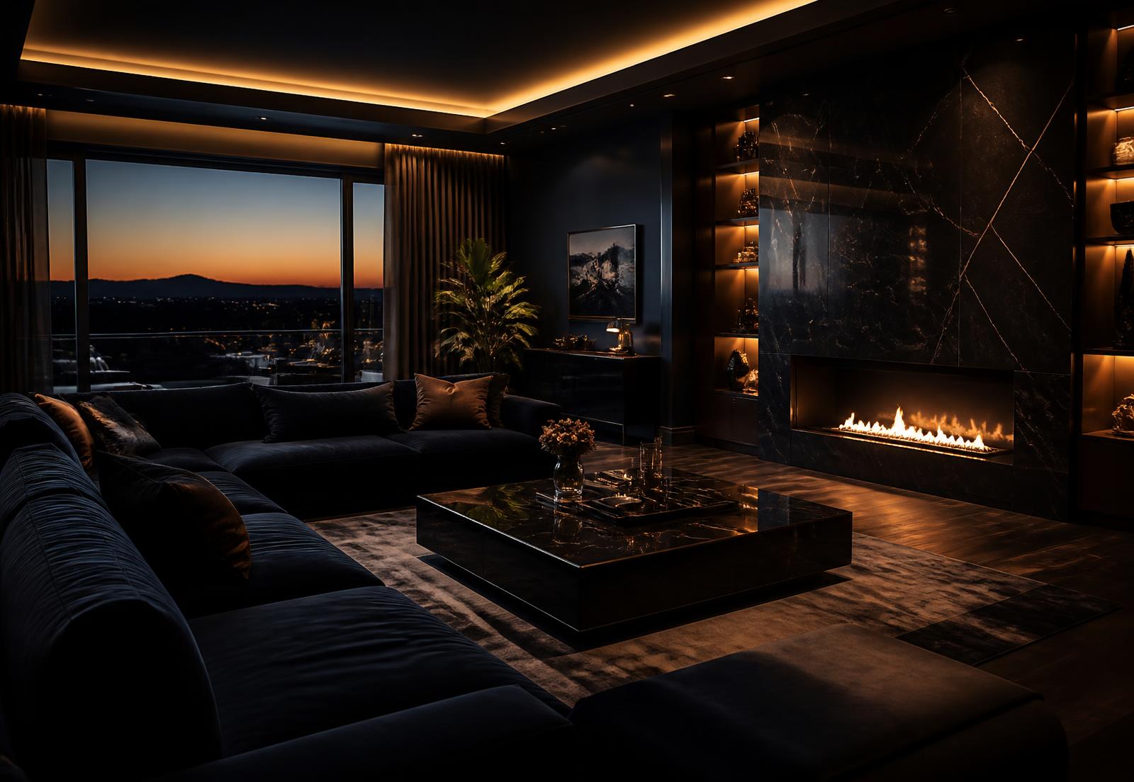 Immaculate luxury living room at dusk